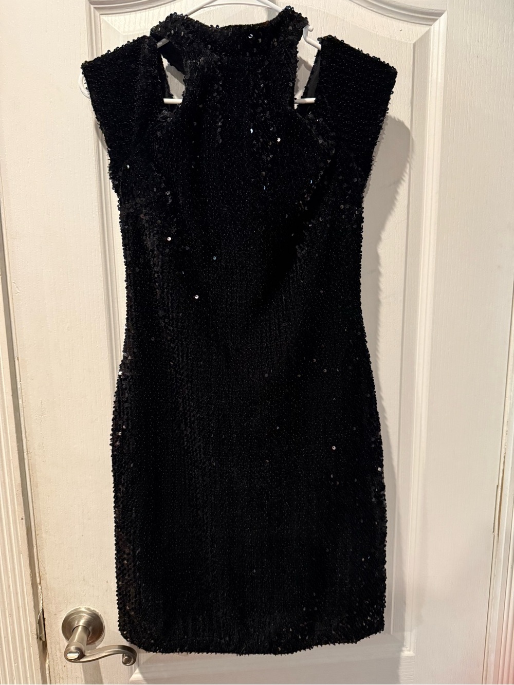 BOSTON PROPER Black Sequin Cutout Mini Dress – Size 8